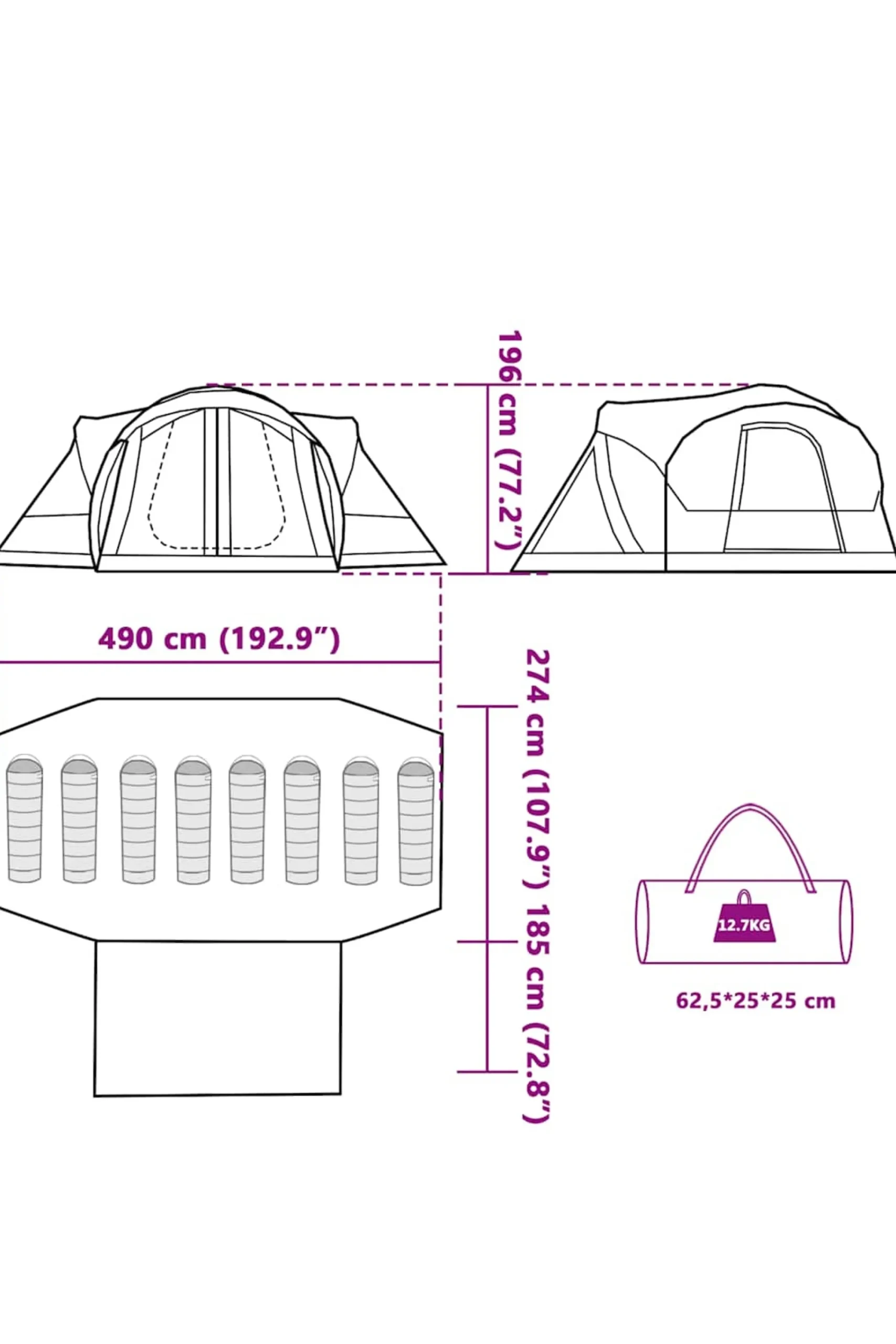 Vidaxl Tenda Familiar Tipi Para 8 Pessoas Impermeável 490 X 459 X 170/196 CM